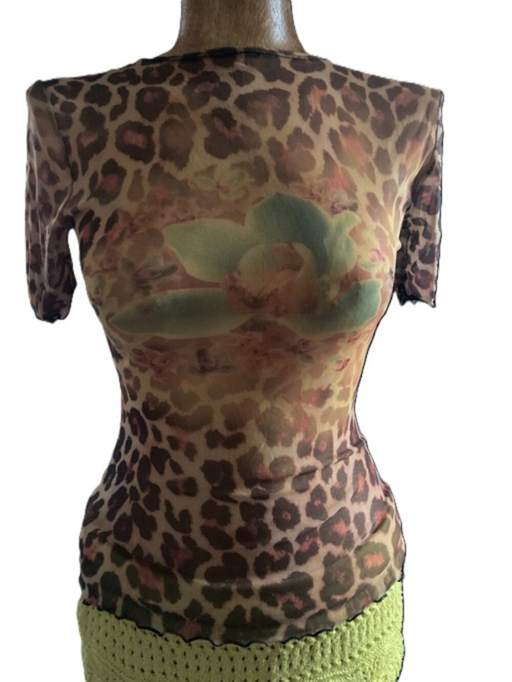 Y2K Sheer Leopard Print and Orchid Fitted Stretchy Top Size S.